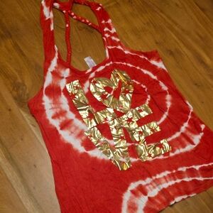 No Boundaries Red and White Tie-Dye Tank with Gold Accent